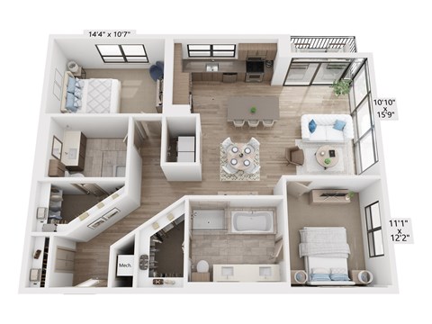 Floor plan for 2 beds, 2 baths, 1341 sqft